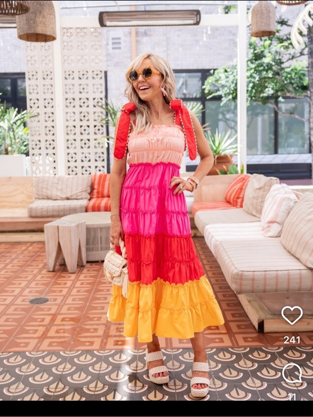 Tiered Colorblock Midi Dress in Pink, Red & Yellow